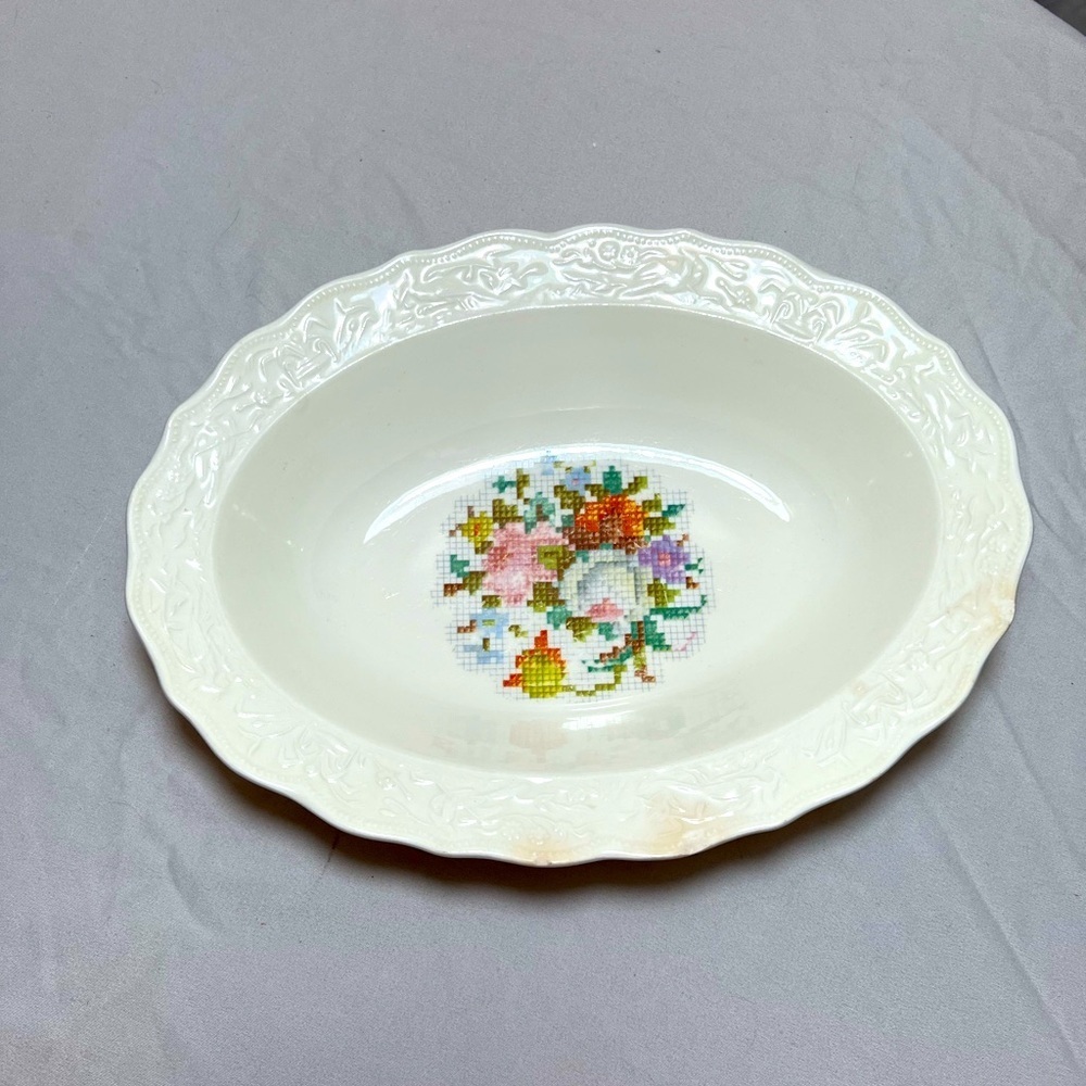 Vintage Vogue Fine China Susanna Oval Serving Bowl with Embroidery Circle Design